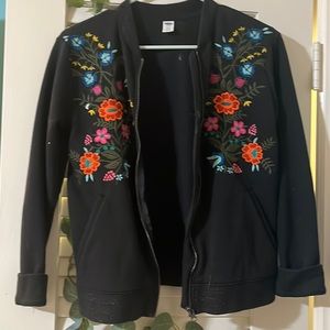 Old Navy Black Jacket with colorful flowers of the front.